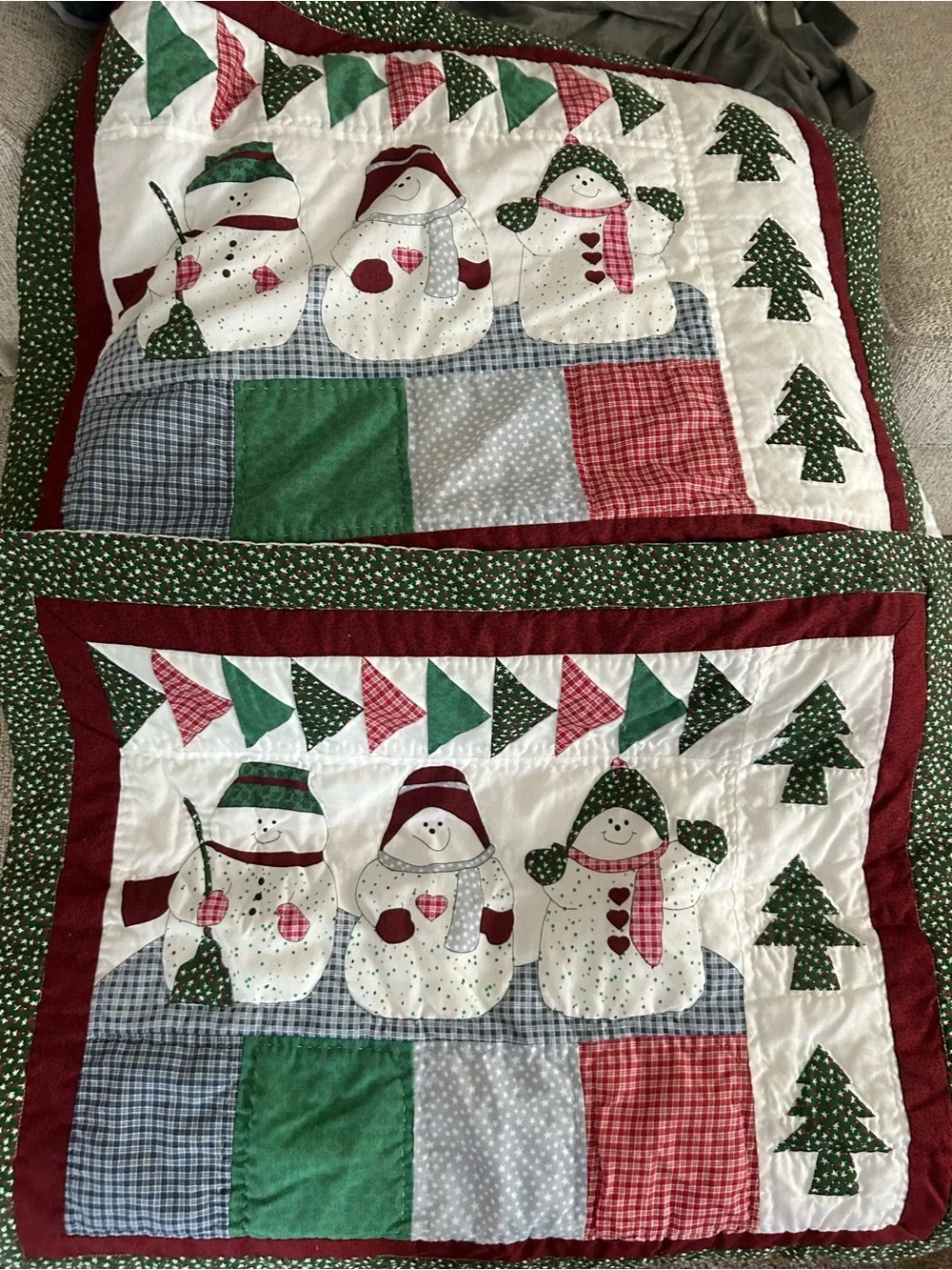 Quilt, Christmas Queen Snowman Patchwork Quilt With 2 Pillow Shams Vtg